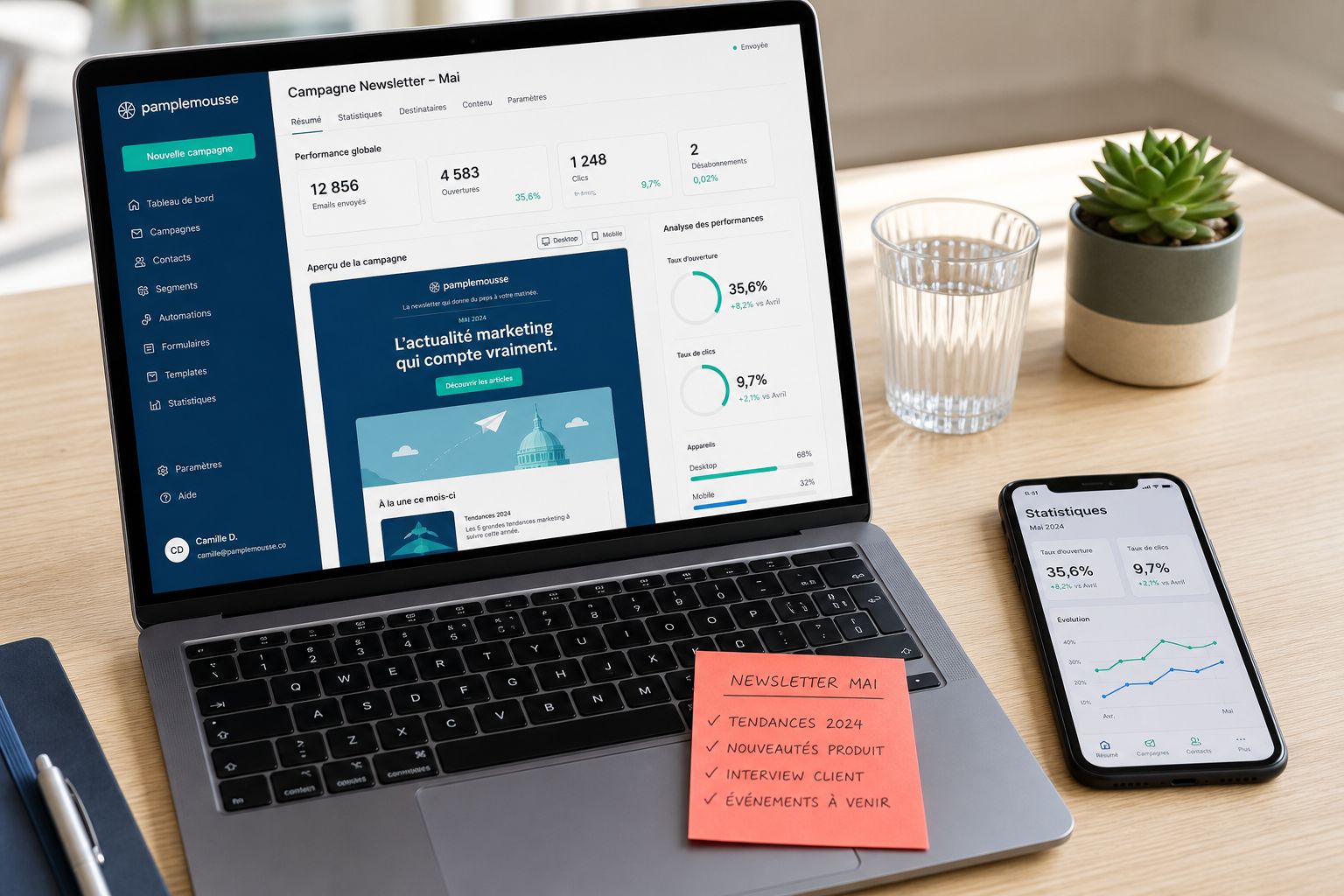 Email marketing et campagne newsletter pour PME : tableau de bord avec taux d'ouverture