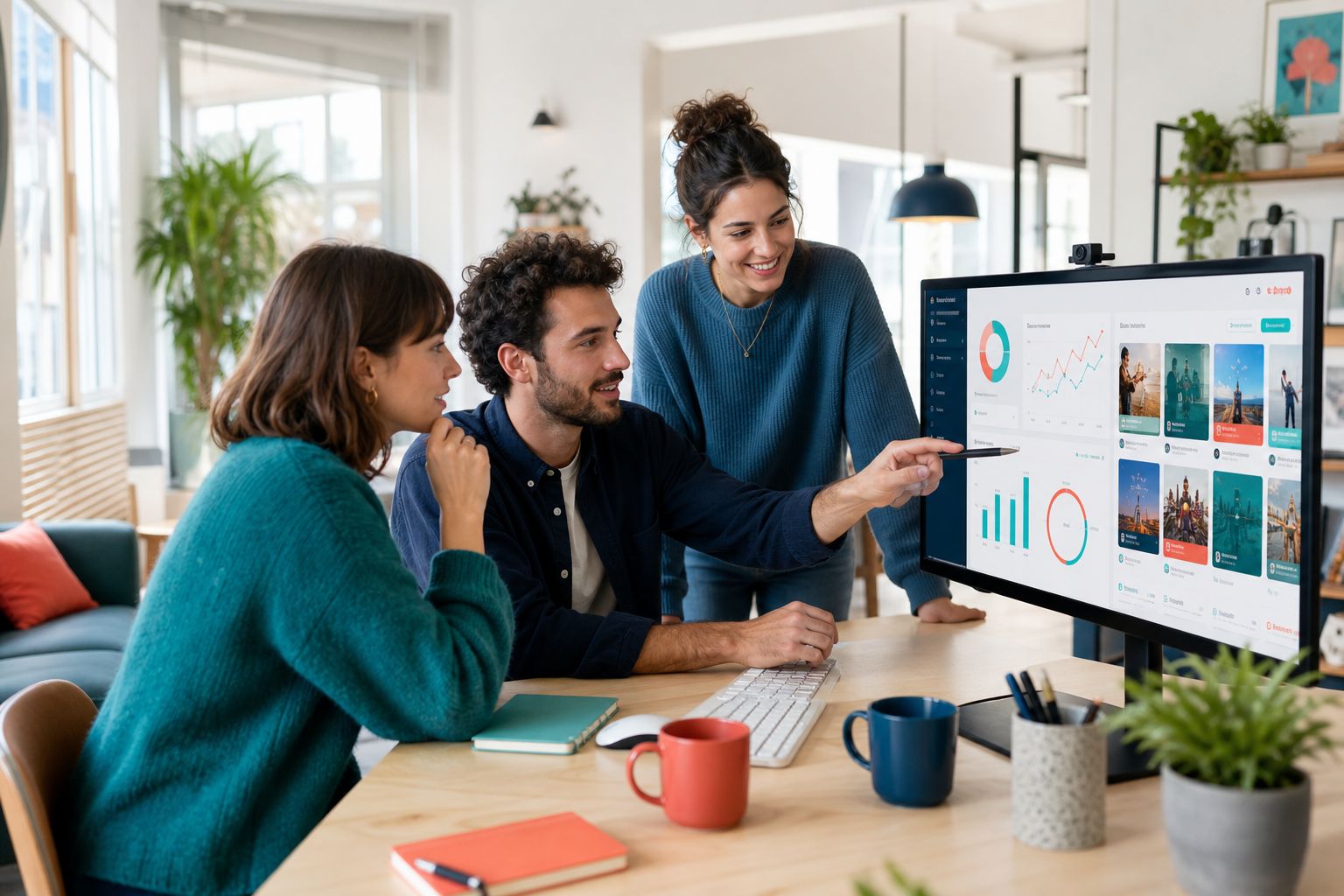 Équipe de l'agence de marketing digital MarketMe95 en réunion stratégie autour d'un dashboard analytics